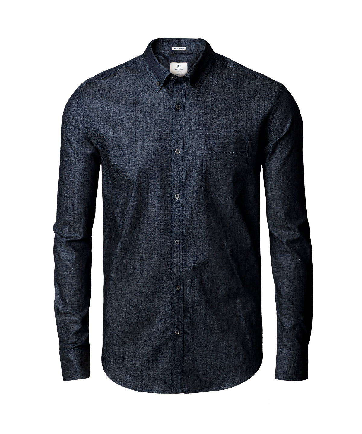 Tryck din logga på Skjortor från Nimbus - Anpassa Torrance modern fit rå och stilren denimskjorta i färgen Mörkblå för företag, föreningar och privatpersoner