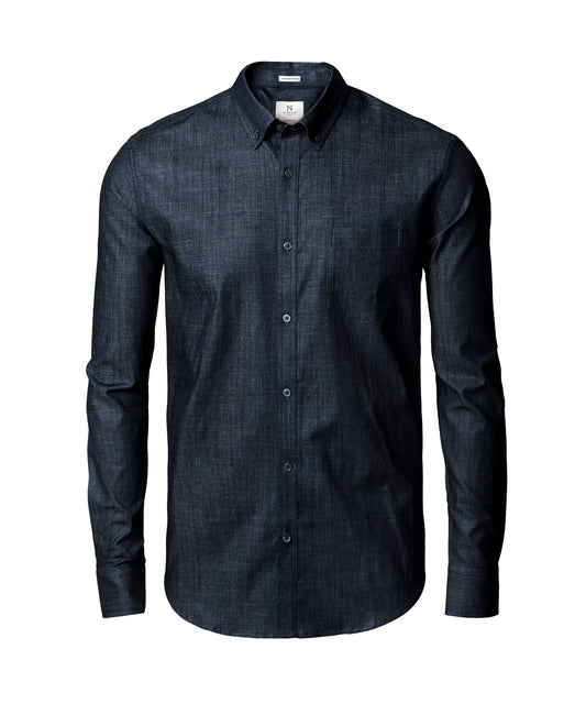 Tryck din logga på Skjortor från Nimbus - Anpassa Torrance modern fit rå och stilren denimskjorta i färgen Mörkblå för företag, föreningar och privatpersoner