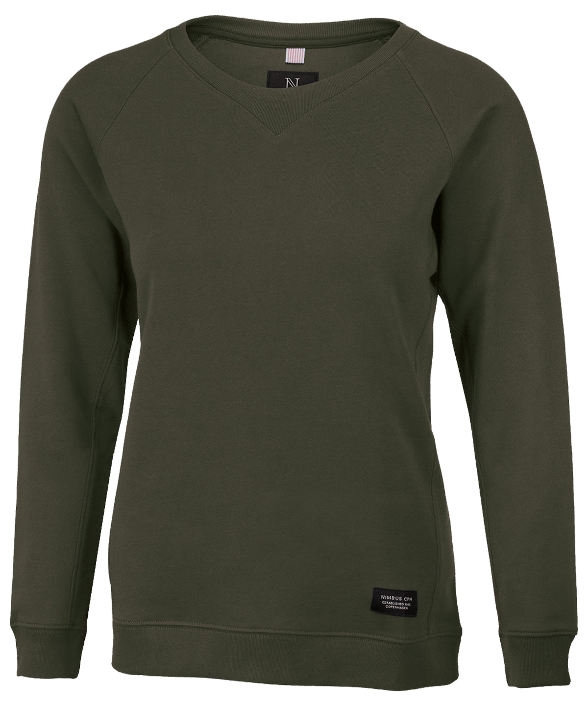 Tryck din logga på Sweatshirts från Nimbus - Anpassa Nimbus - Dam Newport Lyxig Lättvikts Crewneck i färgen Oliv för företag, föreningar och privatpersoner