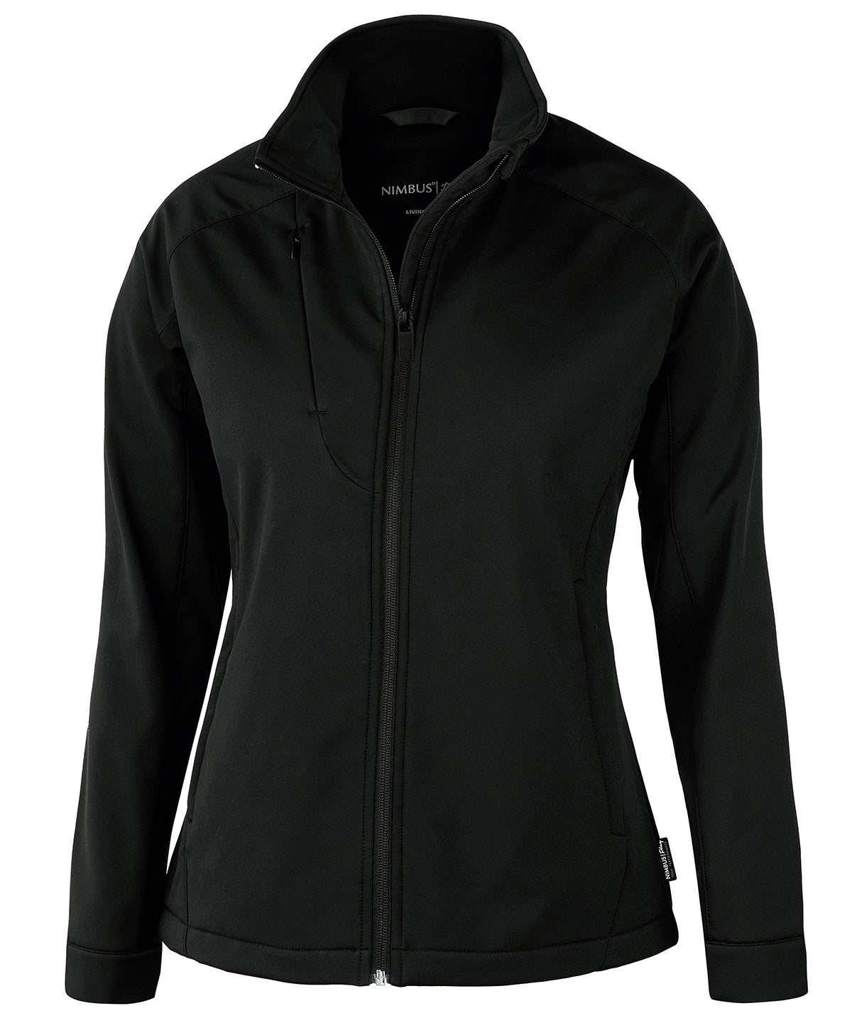 Tryck din logga på Softshelljackor från Nimbus - Anpassa Dam Livingston 4-vägs stretch softshell i färgen Svart för företag, föreningar och privatpersoner