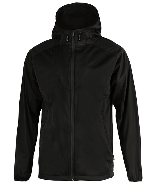 Tryck din logga på Softshelljackor från Nimbus - Anpassa Fargo funktionell softshell med huva i färgen Svart för företag, föreningar och privatpersoner