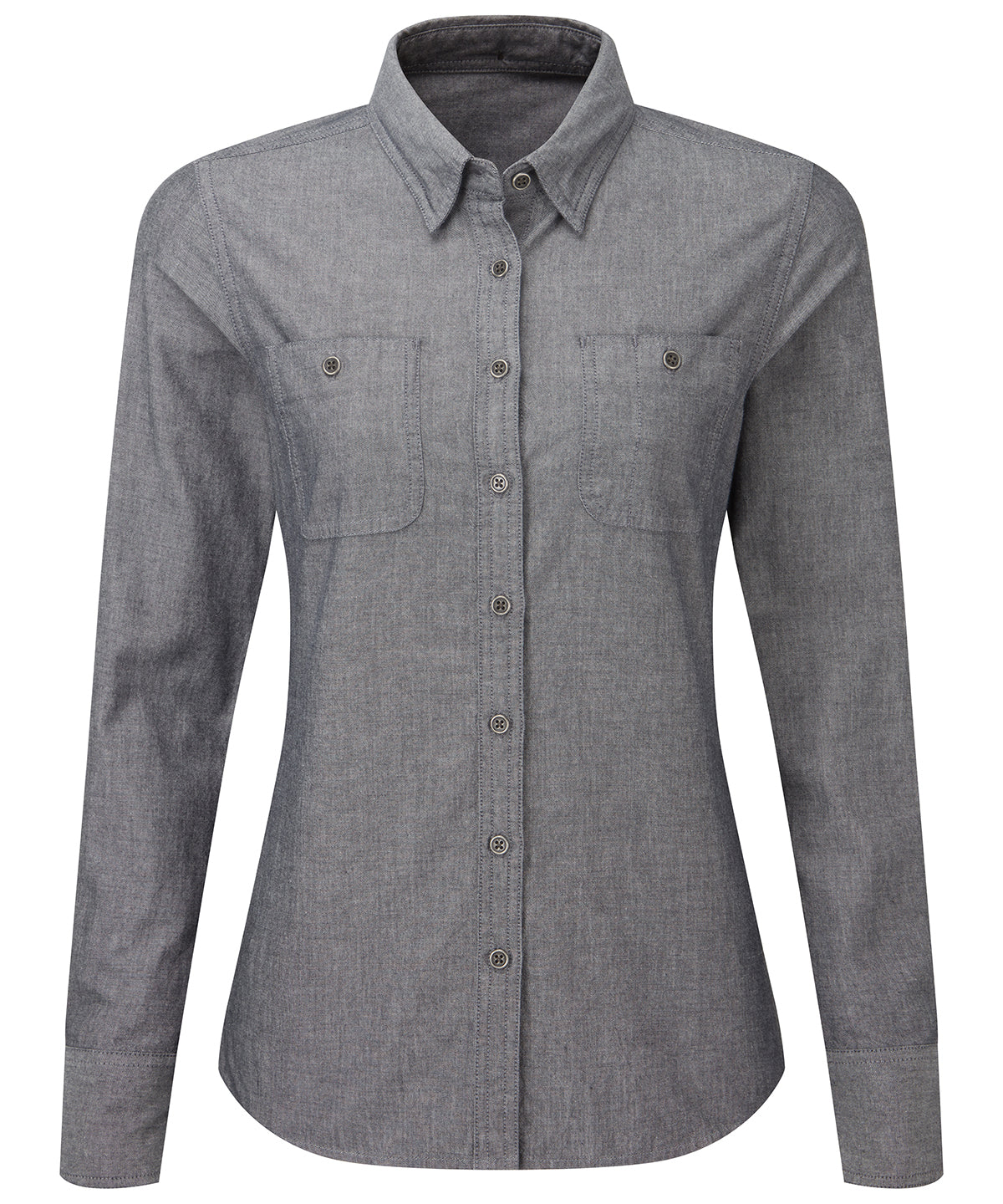 Tryck din logga på Skjortor från Premier - Anpassa Dam Chambray-skjorta, ekologisk och Fairtrade-certifierad i färgen Mörkgrå för företag, föreningar och privatpersoner