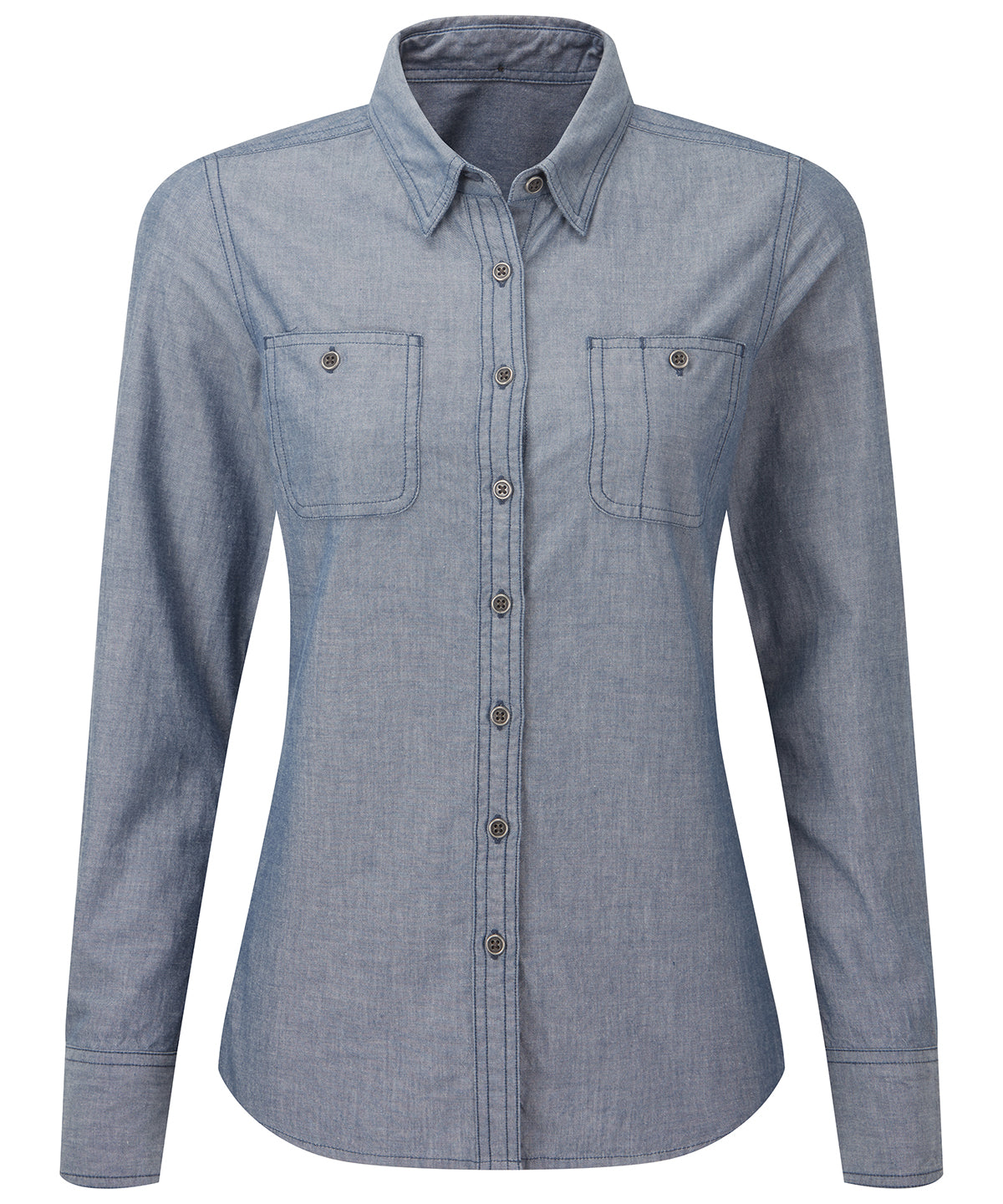 Tryck din logga på Skjortor från Premier - Anpassa Dam Chambray-skjorta, ekologisk och Fairtrade-certifierad i färgen Mellanblå för företag, föreningar och privatpersoner