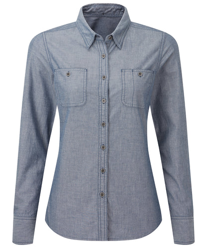Tryck din logga på Skjortor från Premier - Anpassa Dam Chambray-skjorta, ekologisk och Fairtrade-certifierad i färgen Mellanblå för företag, föreningar och privatpersoner