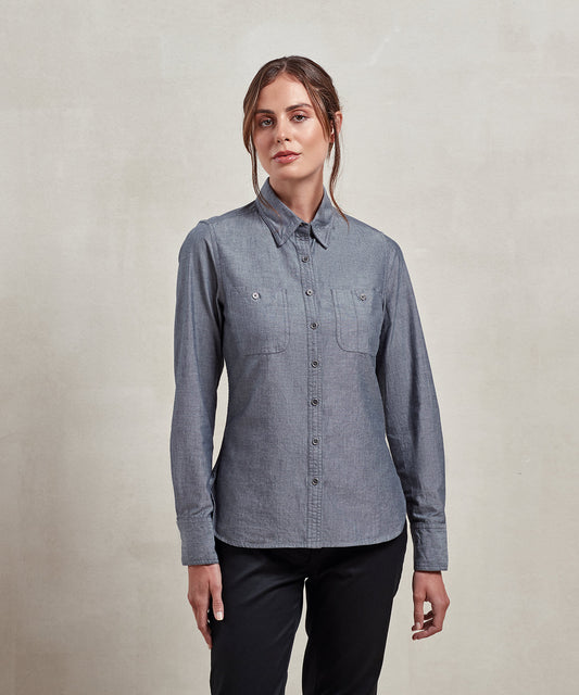 Tryck din logga på Skjortor från Premier - Anpassa Dam Chambray-skjorta, ekologisk och Fairtrade-certifierad i färgen för företag, föreningar och privatpersoner