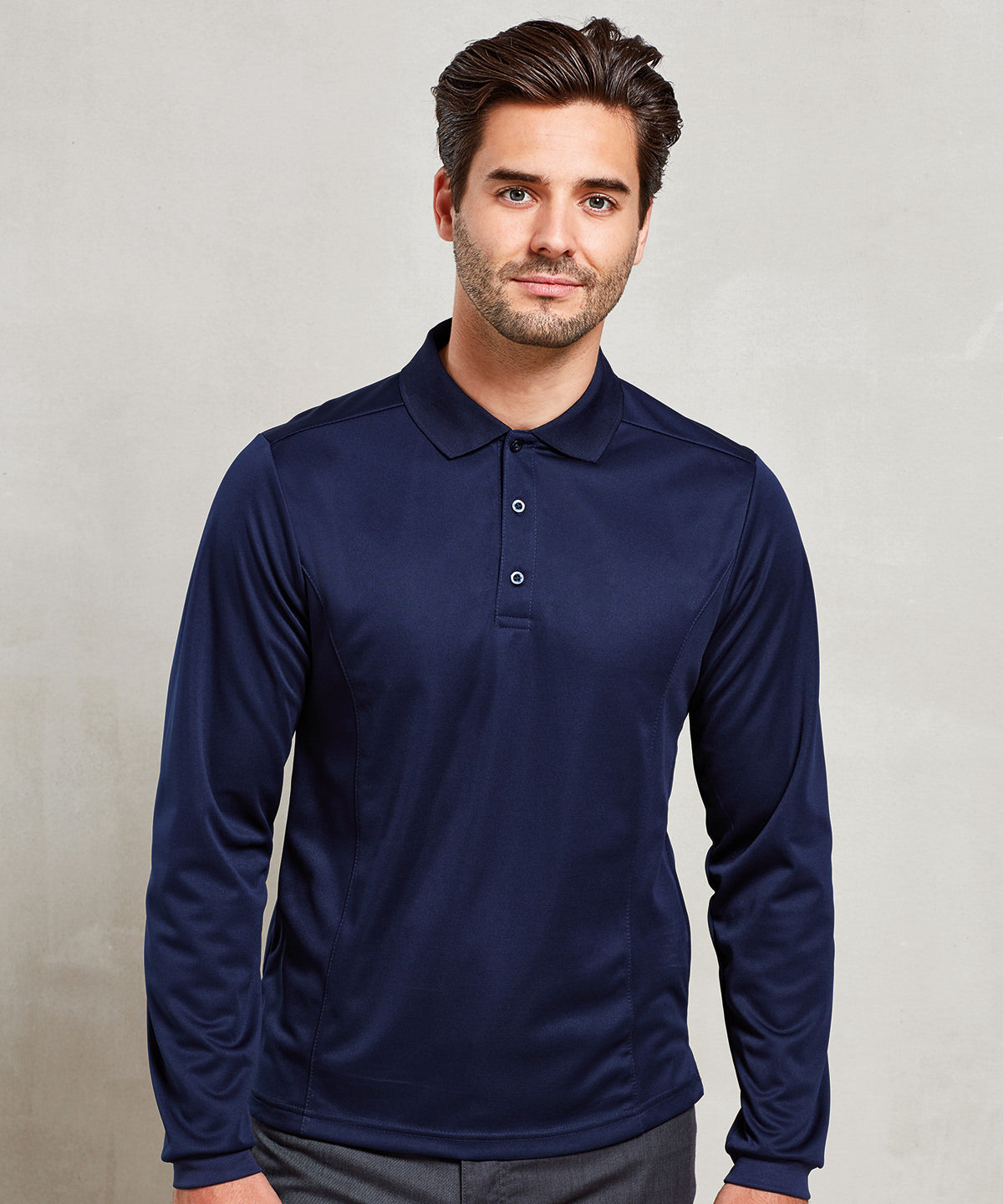 Tryck din logga på Piké från Premier - Anpassa Long Sleeve Coolchecker Polo - Herr i färgen för företag, föreningar och privatpersoner