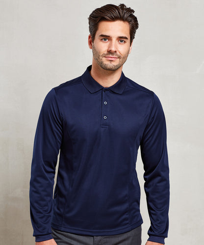 Tryck din logga på Piké från Premier - Anpassa Long Sleeve Coolchecker Polo - Herr i färgen för företag, föreningar och privatpersoner