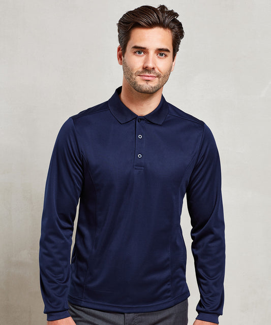 Tryck din logga på Piké från Premier - Anpassa Long Sleeve Coolchecker Polo - Herr i färgen för företag, föreningar och privatpersoner