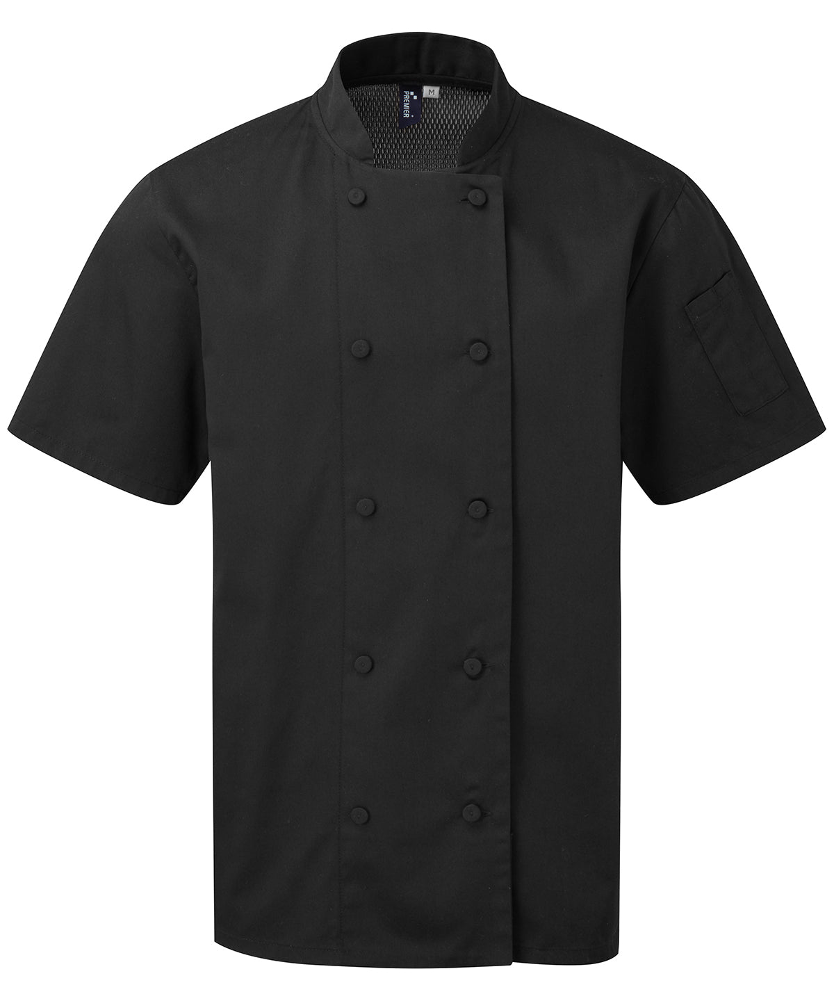Tryck din logga på Kock Jackor från Premier - Anpassa Chefs Coolchecker kortärmad jacka i färgen Svart för företag, föreningar och privatpersoner