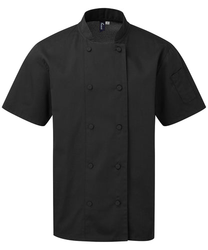 Tryck din logga på Kock Jackor från Premier - Anpassa Chefs Coolchecker kortärmad jacka i färgen Svart för företag, föreningar och privatpersoner