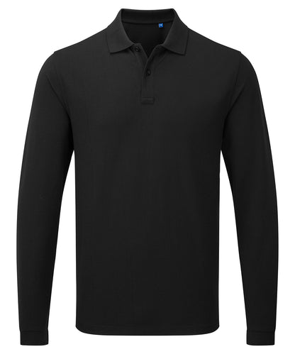 Tryck din logga på Piké från Premier - Anpassa Essential Unisex Long Sleeve Workwear Polo i färgen Svart för företag, föreningar och privatpersoner