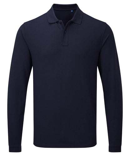 Tryck din logga på Piké från Premier - Anpassa Essential Unisex Long Sleeve Workwear Polo i färgen Marinblå för företag, föreningar och privatpersoner