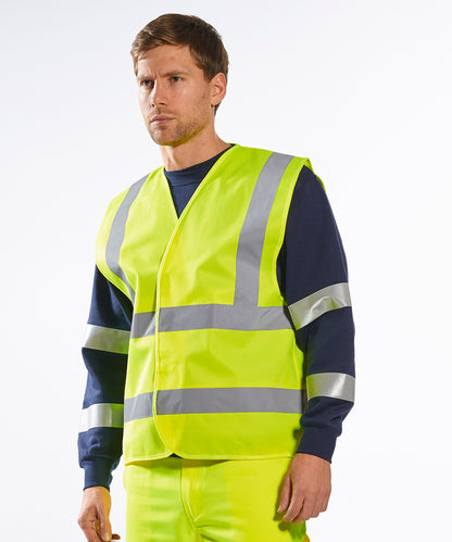 Tryck din logga på Skyddsvästar från Portwest - Anpassa Hi-vis-väst med två band och bygel i färgen för företag, föreningar och privatpersoner