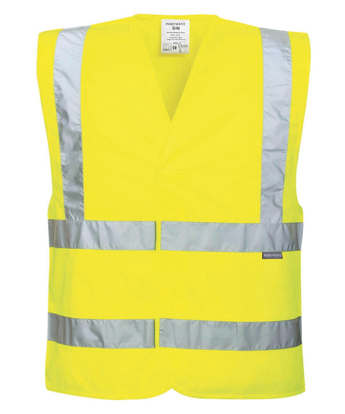 Tryck din logga på Skyddsvästar från Portwest - Anpassa Eco Hi-vis-väst i färgen Neon gul för företag, föreningar och privatpersoner