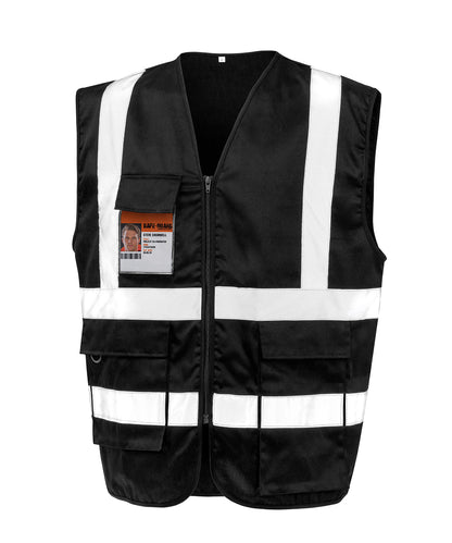 Tryck din logga på Skyddsvästar från Result Safeguard - Anpassa Kraftig säkerhetslinne i polycotton i färgen Svart för företag, föreningar och privatpersoner