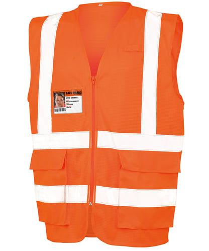 Tryck din logga på Skyddsvästar från Result Safeguard - Anpassa Säkerhetsväst i cool mesh för Executive i färgen Neon orange för företag, föreningar och privatpersoner