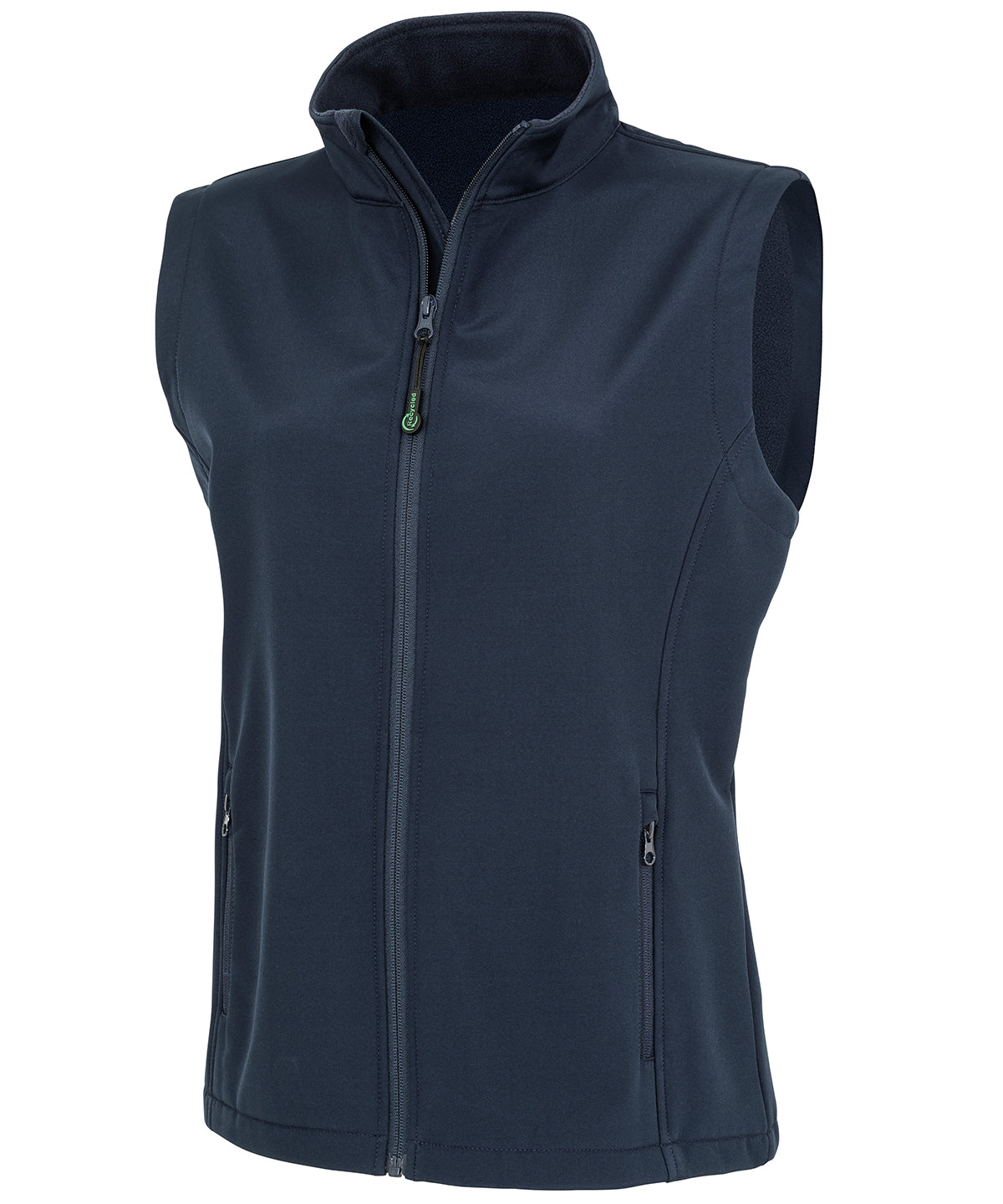 Tryck din logga på Termovästar från Result Genuine Recycled - Anpassa Återvunnen 2-lagers tryckbar softshell bodywarmer för damer i färgen Marinblå för företag, föreningar och privatpersoner