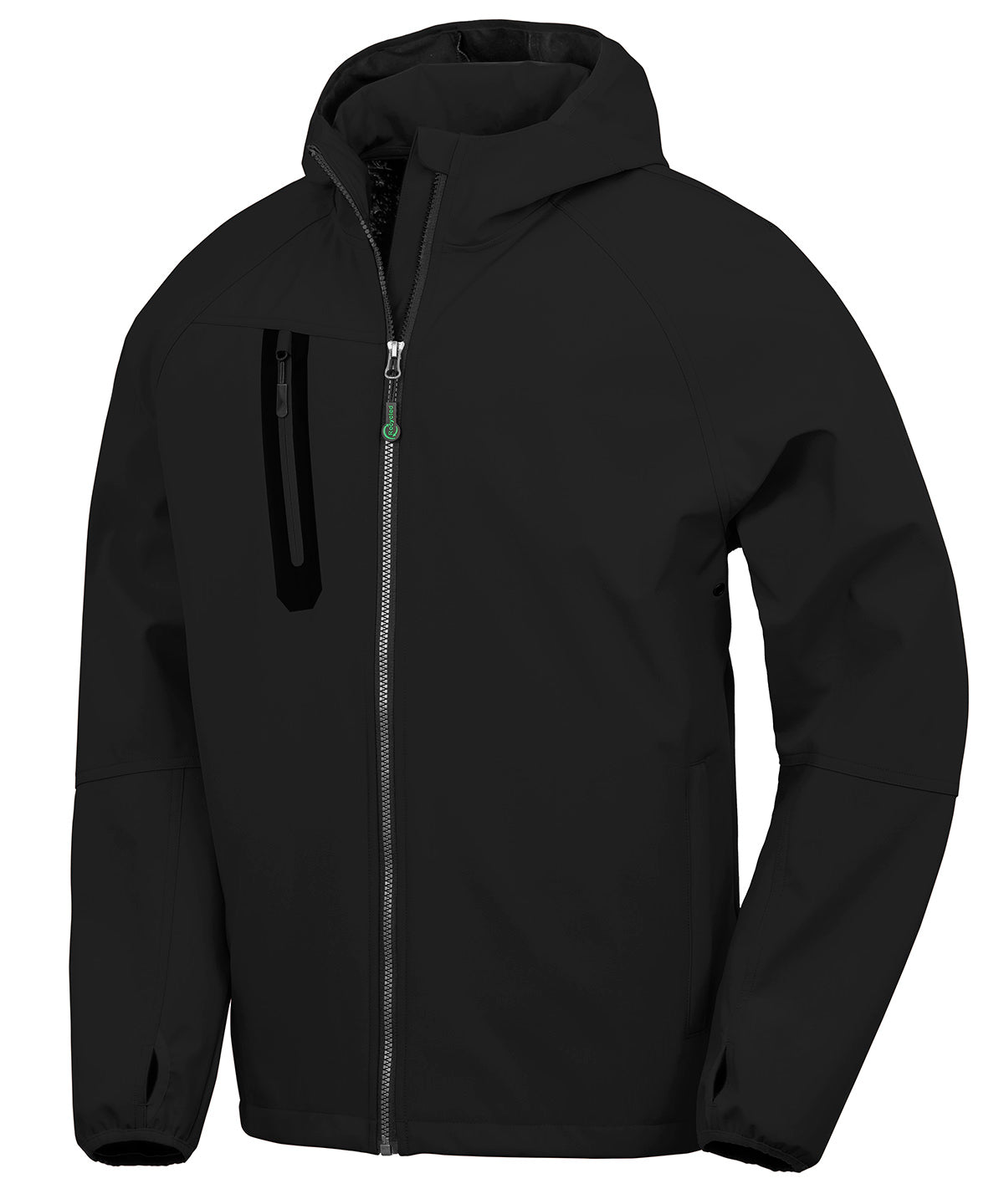 Tryck din logga på Softshelljackor från Result Genuine Recycled - Anpassa 3-lagers återvunnet tryckbart softshell med huva i färgen Svart för företag, föreningar och privatpersoner