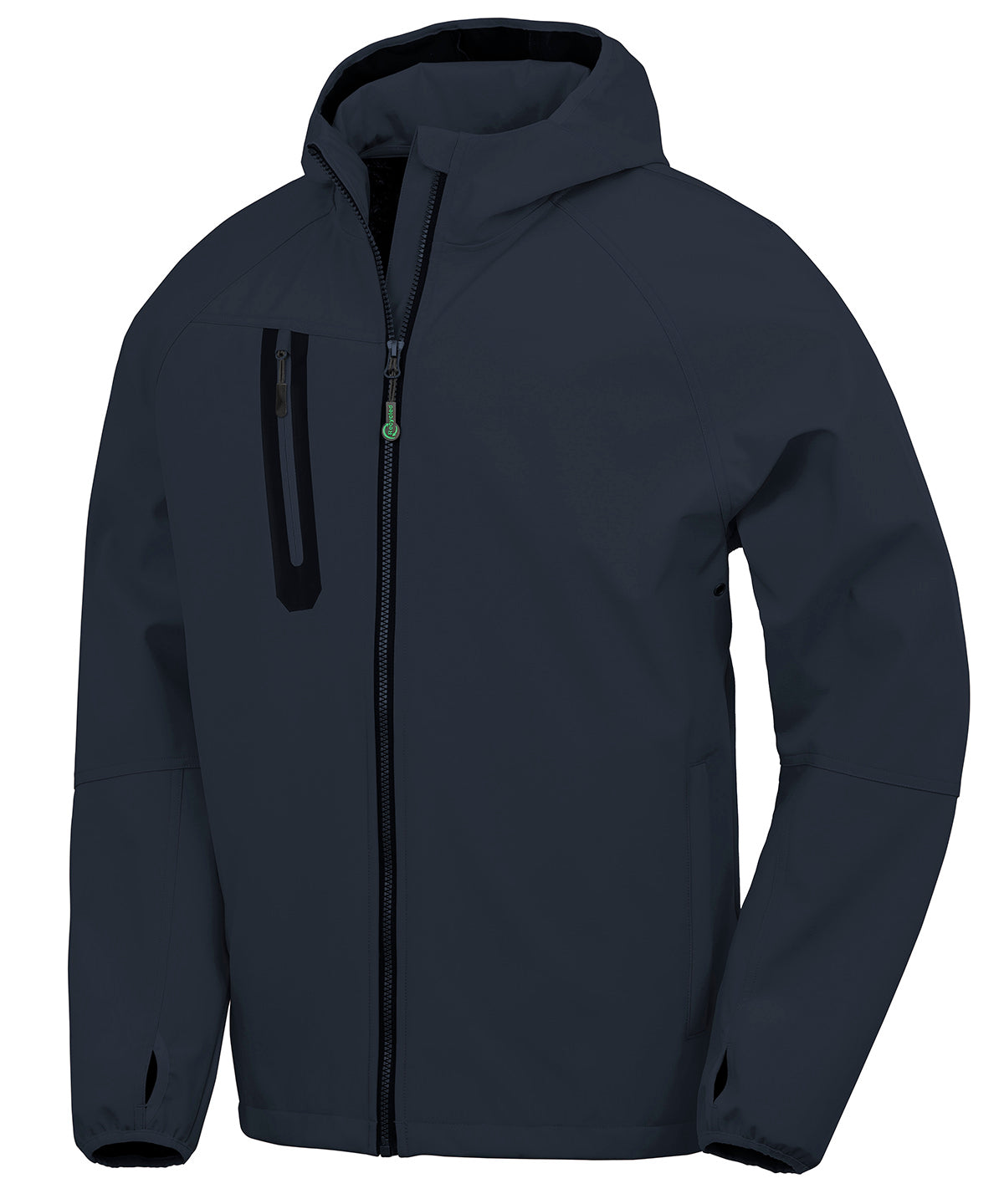 Tryck din logga på Softshelljackor från Result Genuine Recycled - Anpassa 3-lagers återvunnet tryckbart softshell med huva i färgen Marinblå för företag, föreningar och privatpersoner
