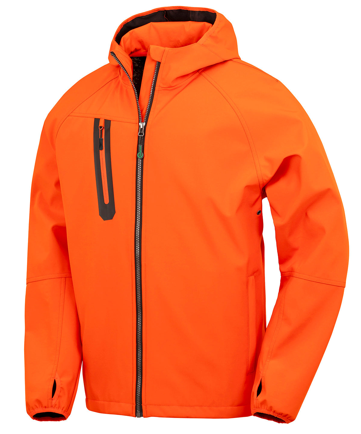 Tryck din logga på Softshelljackor från Result Genuine Recycled - Anpassa 3-lagers återvunnet tryckbart softshell med huva i färgen Mellan Orange för företag, föreningar och privatpersoner