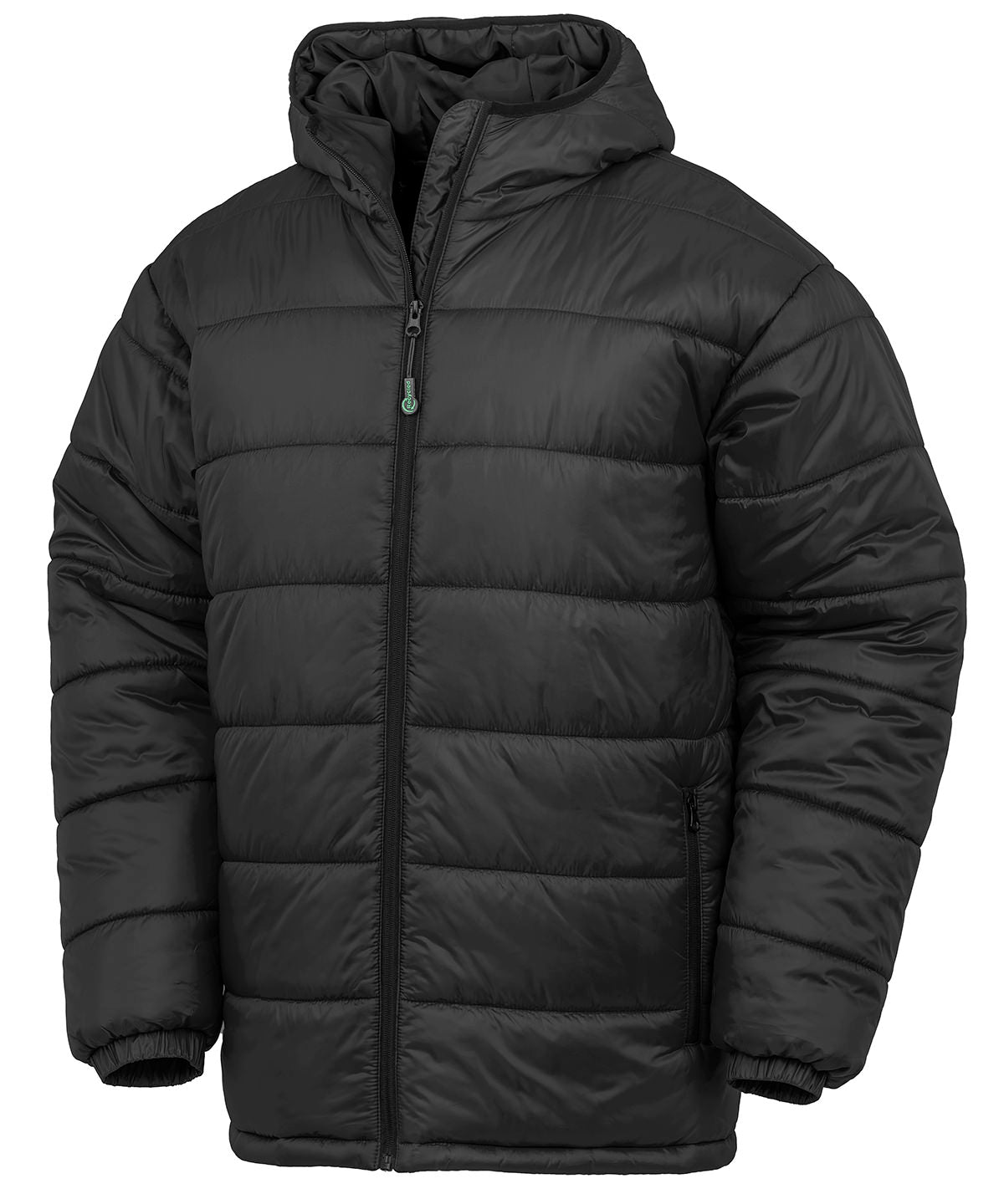 Tryck din logga på Jackor från Result Genuine Recycled - Anpassa Vadderad parkas med huva i återvunnet material i färgen Svart för företag, föreningar och privatpersoner
