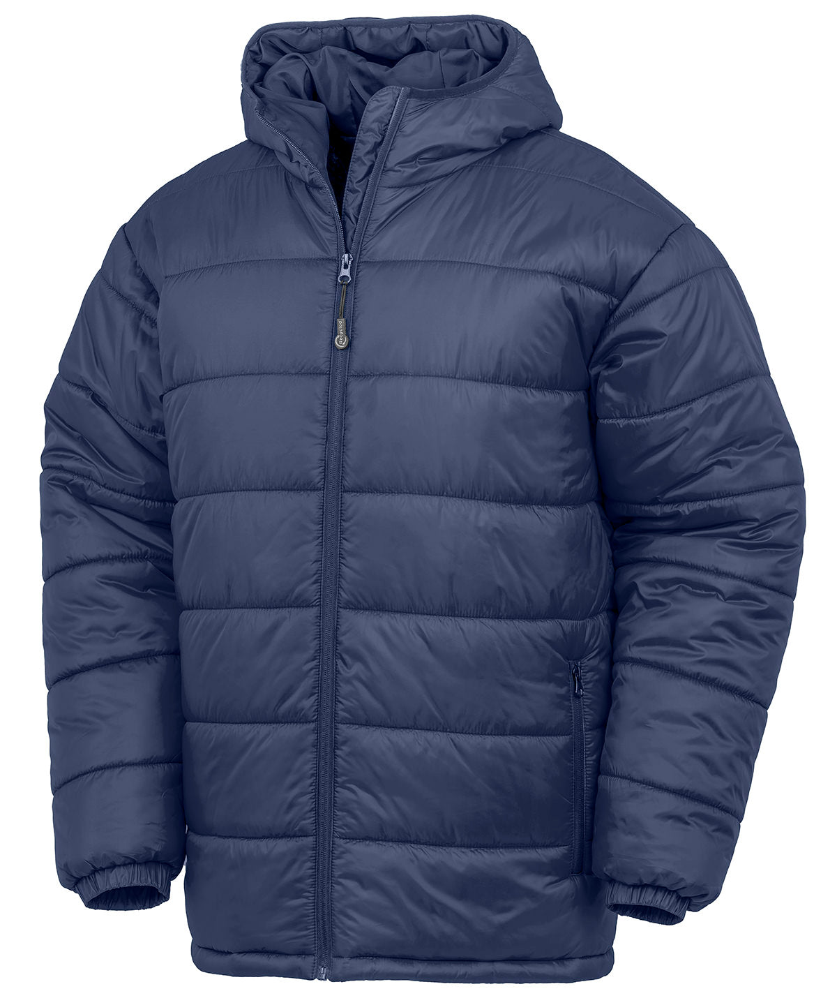 Tryck din logga på Jackor från Result Genuine Recycled - Anpassa Vadderad parkas med huva i återvunnet material i färgen Marinblå för företag, föreningar och privatpersoner