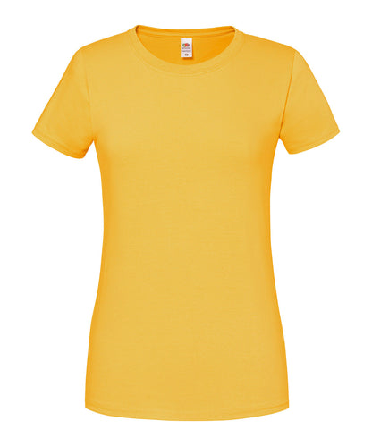 Tryck din logga på T-shirts från Fruit of the Loom - Anpassa Iconic 195 Premium T-shirt – Dam i färgen Mellan gul för företag, föreningar och privatpersoner