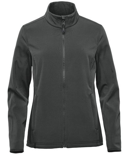 Tryck din logga på Softshelljackor från Stormtech - Anpassa Dam Narvik softshell i färgen Mörkgrå för företag, föreningar och privatpersoner
