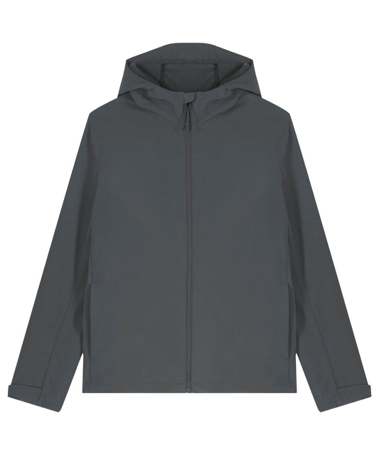 Tryck din logga på Softshelljackor från Stanley/Stella - Anpassa Stanley Discoverer softshell med huva i färgen Mörkgrå för företag, föreningar och privatpersoner