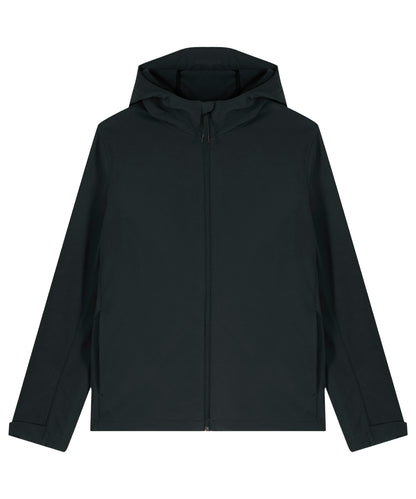 Tryck din logga på Softshelljackor från Stanley/Stella - Anpassa Stanley Discoverer softshell med huva i färgen Svart för företag, föreningar och privatpersoner