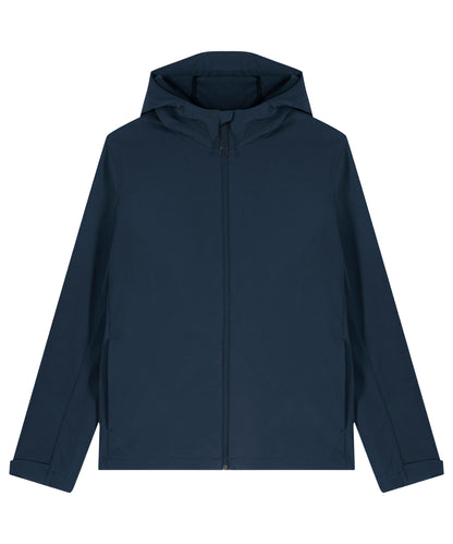 Tryck din logga på Softshelljackor från Stanley/Stella - Anpassa Stanley Discoverer softshell med huva i färgen Marinblå för företag, föreningar och privatpersoner