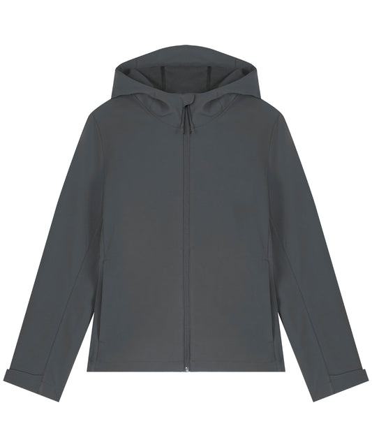 Tryck din logga på Softshelljackor från Stanley/Stella - Anpassa Dam Stella Discoverer softshell med huva i färgen Mörkgrå för företag, föreningar och privatpersoner