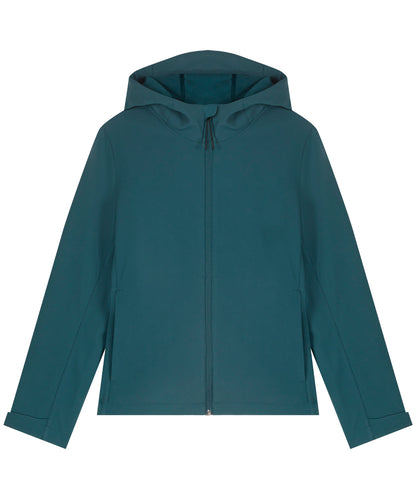 Tryck din logga på Softshelljackor från Stanley/Stella - Anpassa Dam Stella Discoverer softshell med huva i färgen Mörkblå för företag, föreningar och privatpersoner