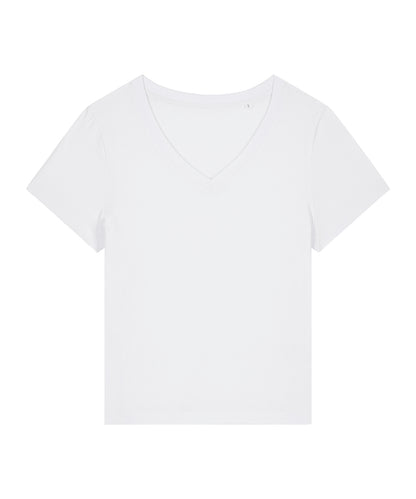Tryck din logga på T-shirts från Stanley/Stella - Anpassa Stella Isla V-neck T-shirt – Dam i färgen Vit för företag, föreningar och privatpersoner