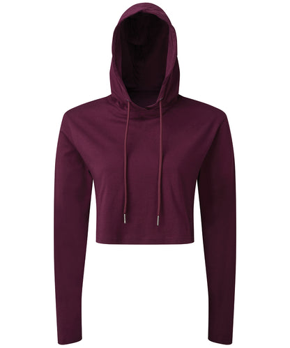 Tryck din logga på T-shirts från TriDri - Anpassa Dam TriDri cropped hooded långärmad t-shirt med huva i färgen Mörk lila XS för företag, föreningar och privatpersoner