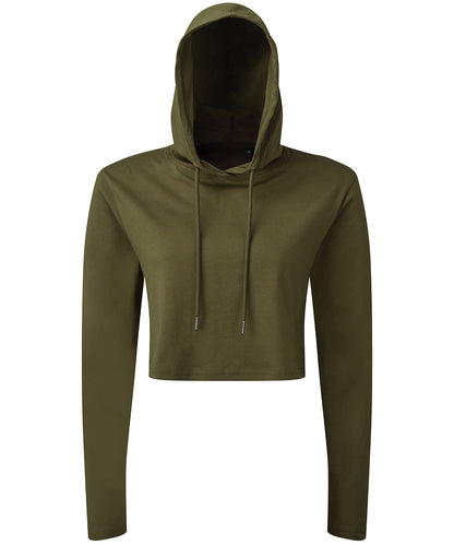 Tryck din logga på T-shirts från TriDri - Anpassa Dam TriDri cropped hooded långärmad t-shirt med huva i färgen Oliv XS för företag, föreningar och privatpersoner
