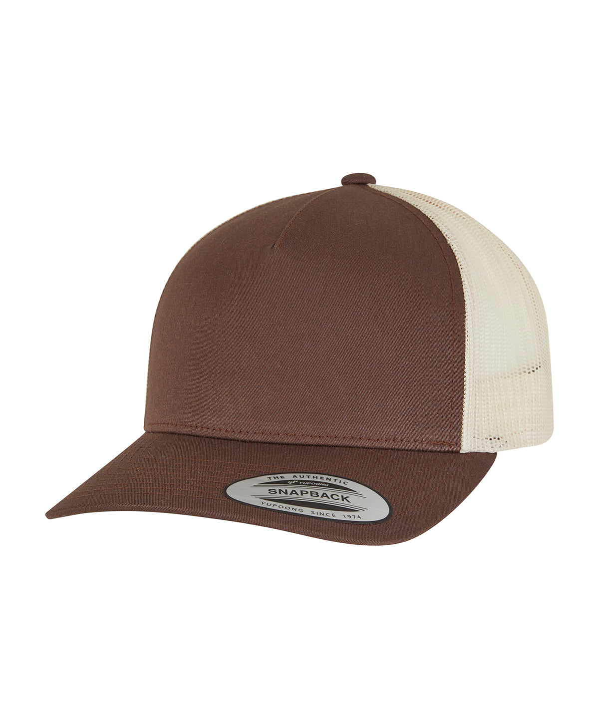 Tryck din logga på Kepsar från Flexfit by Yupoong - Anpassa 5-panel retro trucker 2-tone keps i färgen Beige One Size för företag, föreningar och privatpersoner