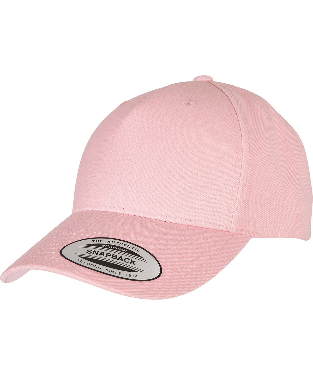 Tryck din logga på Kepsar från Flexfit by Yupoong - Anpassa YP Klassisk 5-panel premium snapback keps med böjd visir i färgen Ljusrosa One Size för företag, föreningar och privatpersoner