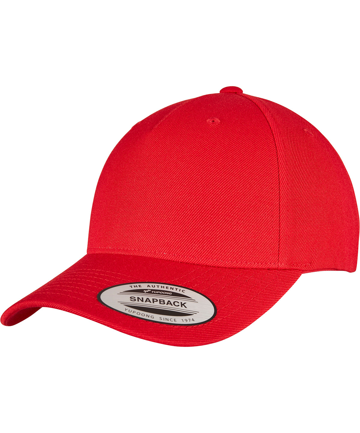 Tryck din logga på Kepsar från Flexfit by Yupoong - Anpassa YP Klassisk 5-panel premium snapback keps med böjd visir i färgen Mellan röd One Size för företag, föreningar och privatpersoner