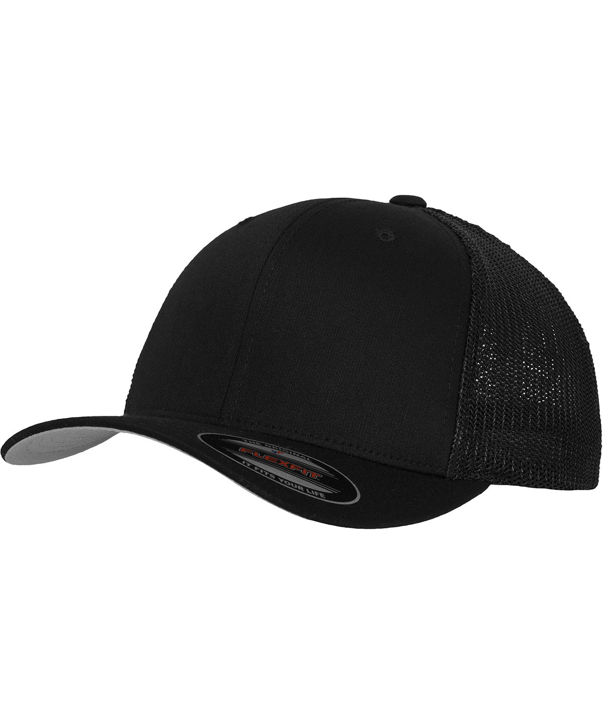 Tryck din logga på Kepsar från Flexfit by Yupoong - Anpassa Trucker i flexfit-nät i färgen Svart för företag, föreningar och privatpersoner