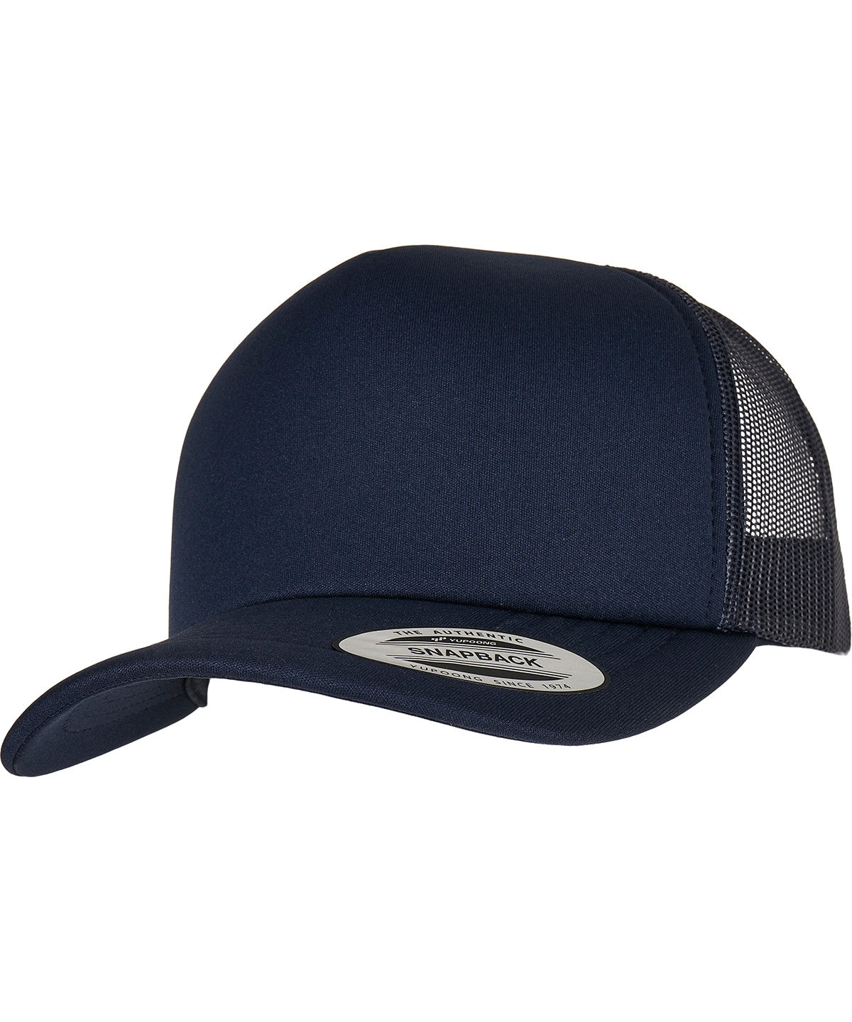 Tryck din logga på Kepsar från Flexfit by Yupoong - Anpassa YP - Klassisk böjd visir skum trucker keps i färgen Marinblå One Size för företag, föreningar och privatpersoner