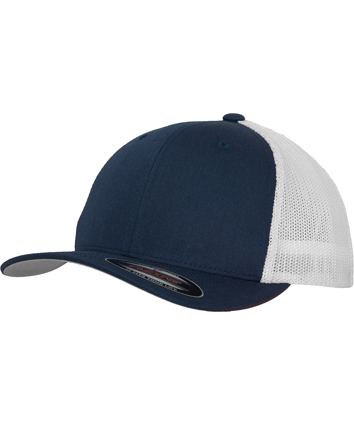 Tryck din logga på Kepsar från Flexfit by Yupoong - Anpassa YP - Flexfit trucker mesh 2-tone i färgen Marinblå One Size för företag, föreningar och privatpersoner