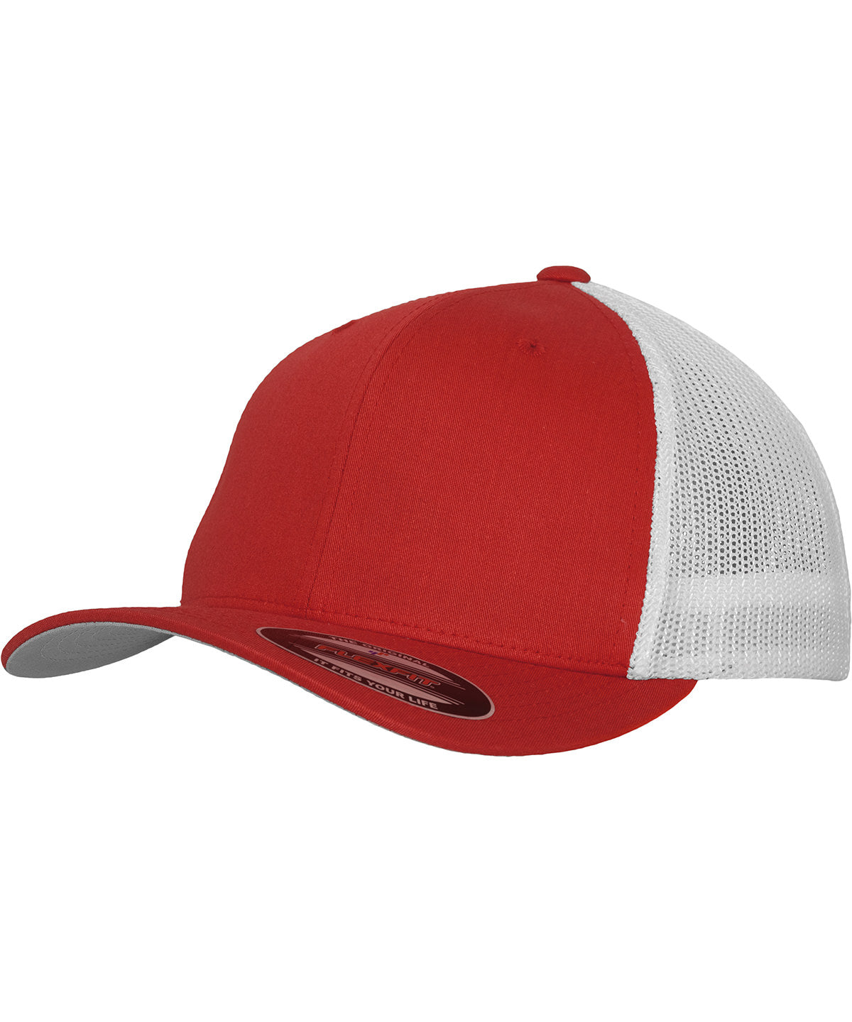 Tryck din logga på Kepsar från Flexfit by Yupoong - Anpassa YP - Flexfit trucker mesh 2-tone i färgen Mellan röd One Size för företag, föreningar och privatpersoner