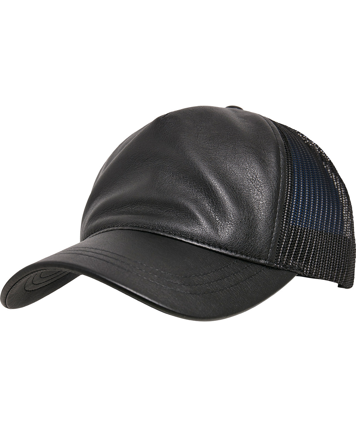Tryck din logga på Kepsar från Flexfit by Yupoong - Anpassa YP - Trucker i syntetiskt läder i färgen Svart One Size för företag, föreningar och privatpersoner