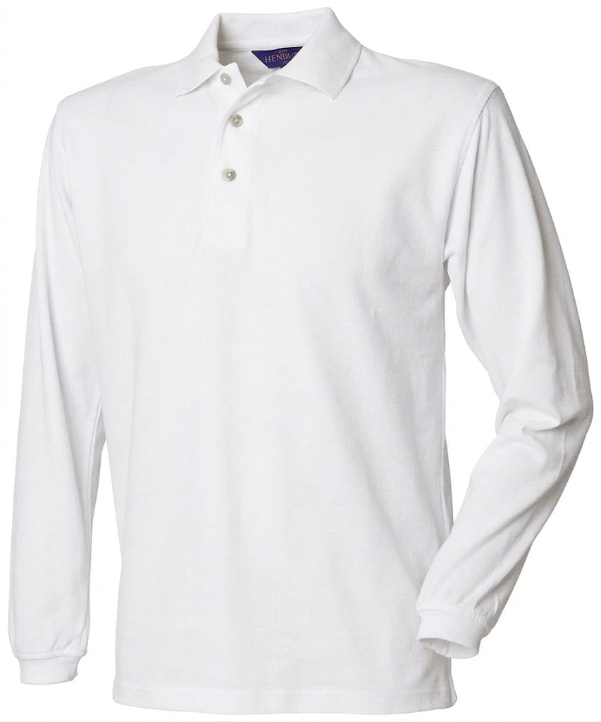 Tryck din logga på Piké från Henbury - Anpassa Long Sleeve Cotton Polo i färgen Vit för företag, föreningar och privatpersoner